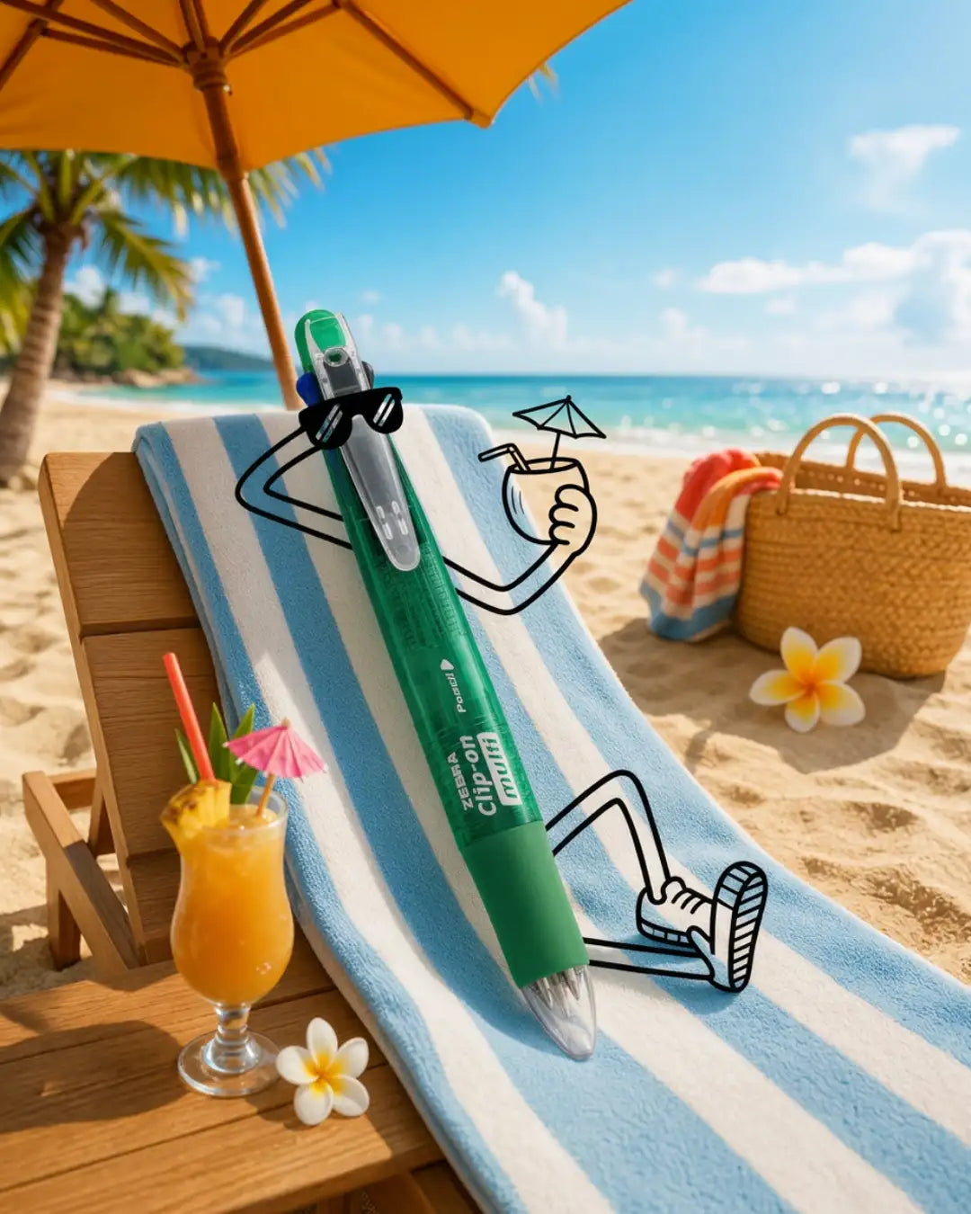 Colección de verano de Zebra México: escena de playa con papelería Zebra para notas, bullet journal y proyectos creativos.