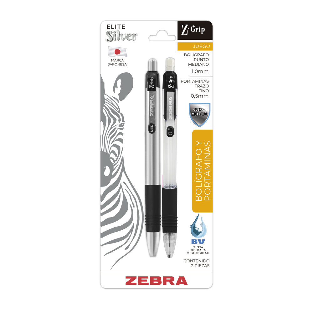 Juego De Bolígrafo Y Portaminas Z-Grip Elite Silver Zebra.